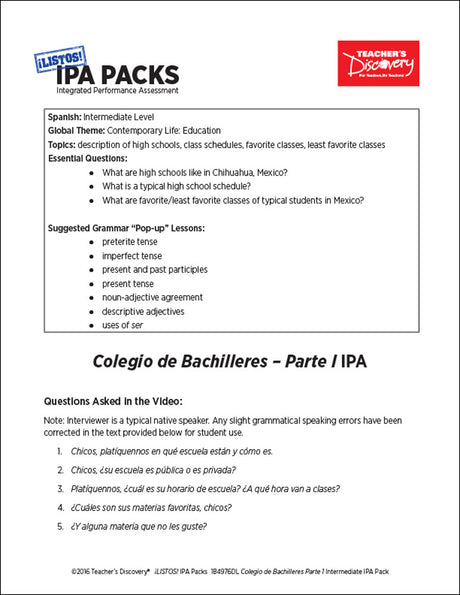 Bachelor's School Part 1 Intermediate-Low Spanish IPA Pack - DIGITAL RESOURCE DOWNLOAD