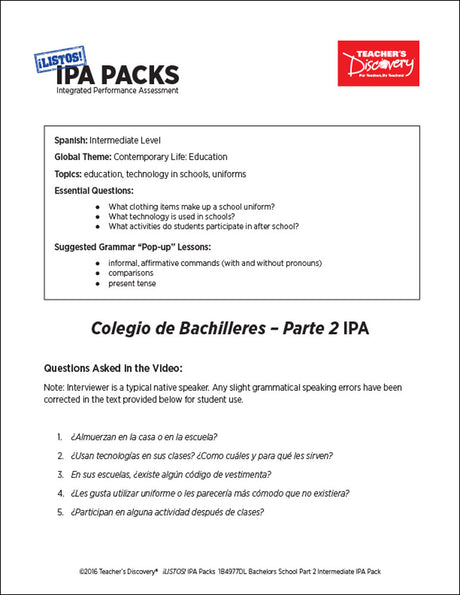 Bachelor's School Part 2 Intermediate-Low Spanish IPA Pack - DIGITAL RESOURCE DOWNLOAD