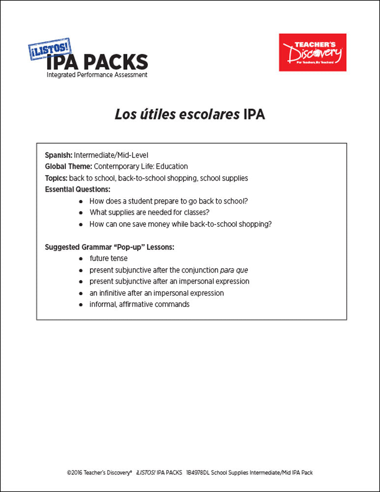 School Supplies Intermediate-Mid Spanish IPA Pack - DIGITAL RESOURCE DOWNLOAD