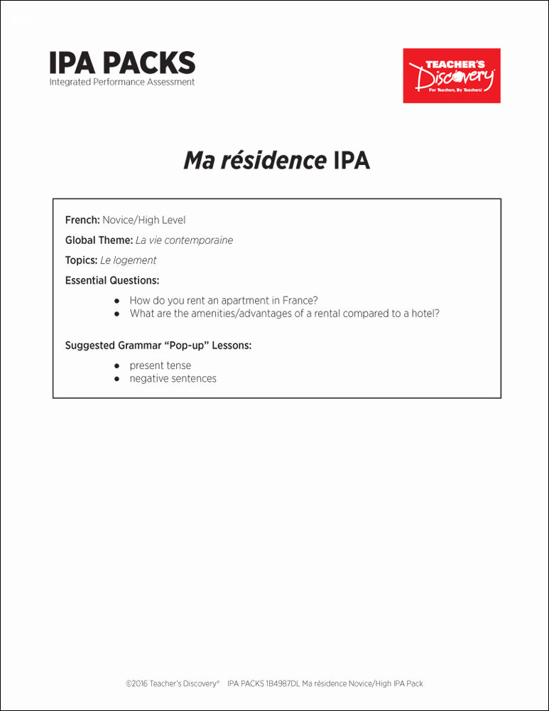 Ma résidence Novice-High French IPA Pack - DIGITAL RESOURCE DOWNLOAD