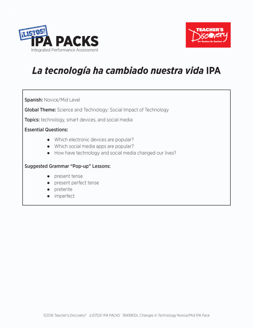 Changes in Technology Novice-Mid Spanish IPA Pack - DIGITAL RESOURCE DOWNLOAD