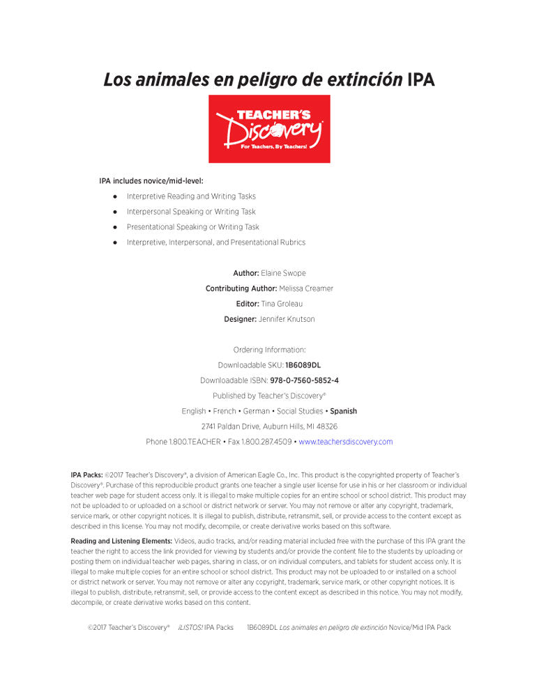 Los animales en peligro de extinción Novice-Mid Spanish IPA Pack - DIGITAL RESOURCE DOWNLOAD