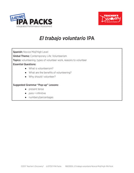 El trabajo voluntario Novice-High Spanish IPA Pack - DIGITAL RESOURCE DOWNLOAD