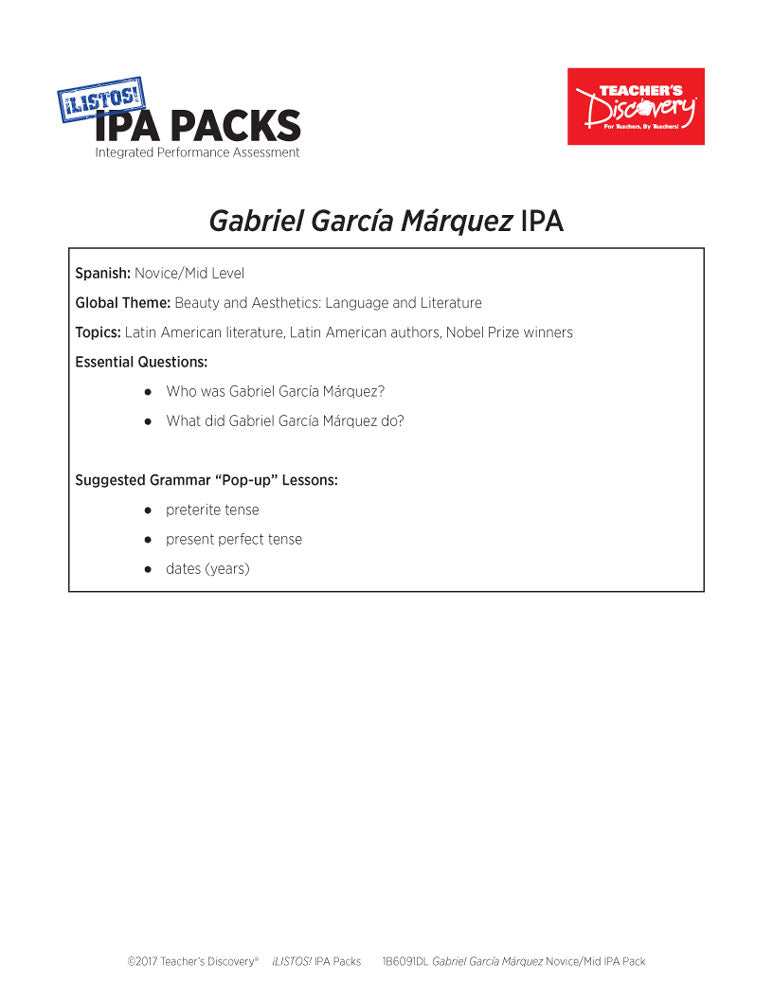 Gabriel García Márquez Novice-Mid Spanish IPA Pack - DIGITAL RESOURCE DOWNLOAD