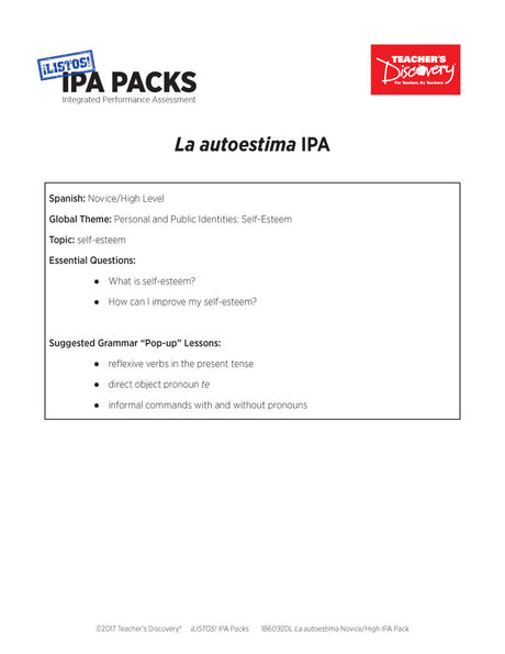 La autoestima Novice-High Spanish IPA Pack - DIGITAL RESOURCE DOWNLOAD