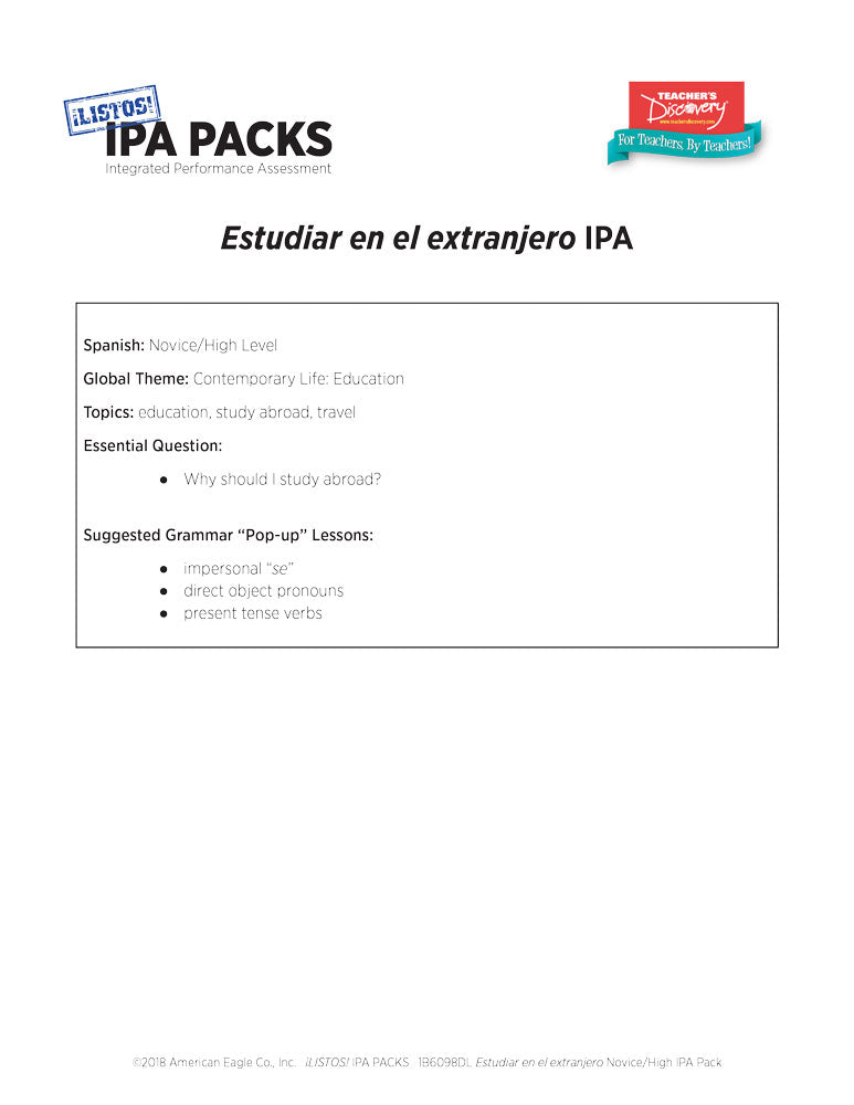 Estudiar en el extranjero Novice/High Spanish IPA Pack - DIGITAL RESOURCE DOWNLOAD