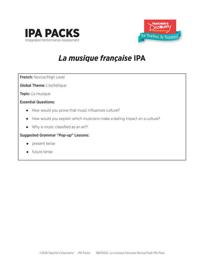 La musique française Novice-High French IPA Pack - DIGITAL RESOURCE DOWNLOAD