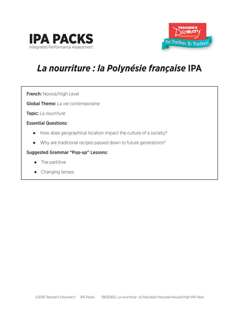 La nourriture : la Polynésie française Novice-High French IPA Pack - DIGITAL RESOURCE DOWNLOAD