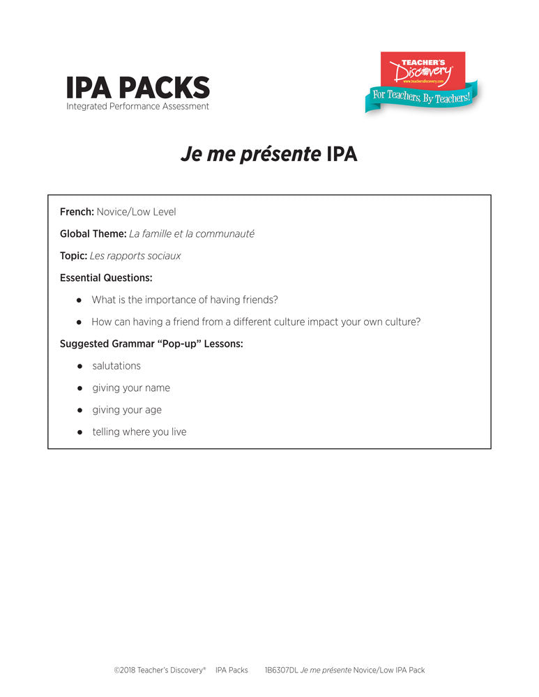 Je me présente Novice-Low French IPA Pack - DIGITAL RESOURCE DOWNLOAD