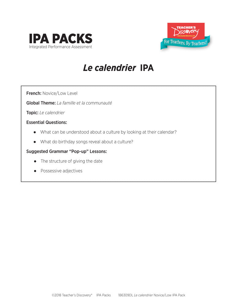 Le calendrier Novice-Low French IPA Pack - DIGITAL RESOURCE DOWNLOAD