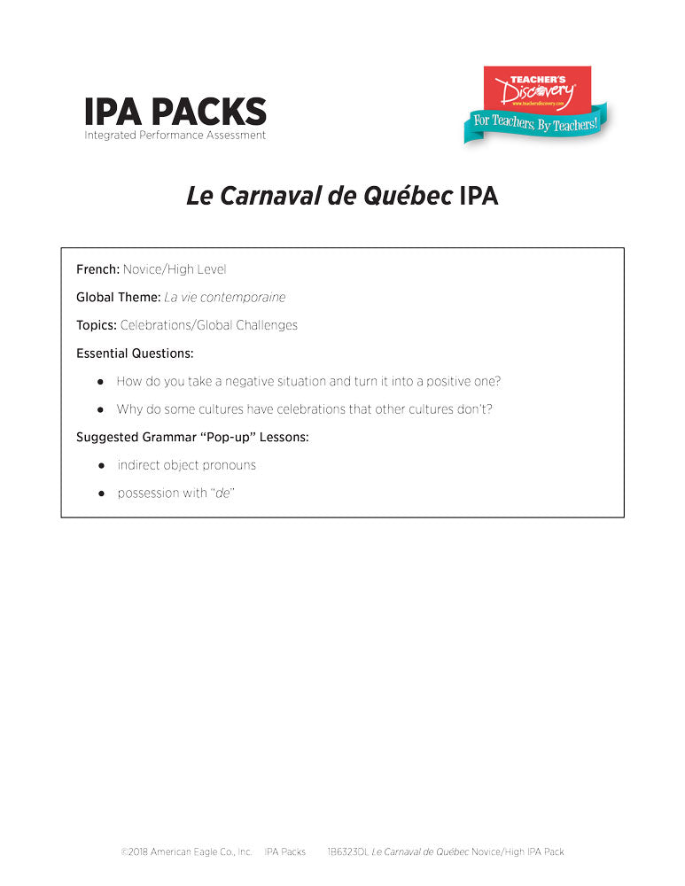 Le Carnaval de Québec Novice-High French IPA Pack - DIGITAL RESOURCE DOWNLOAD