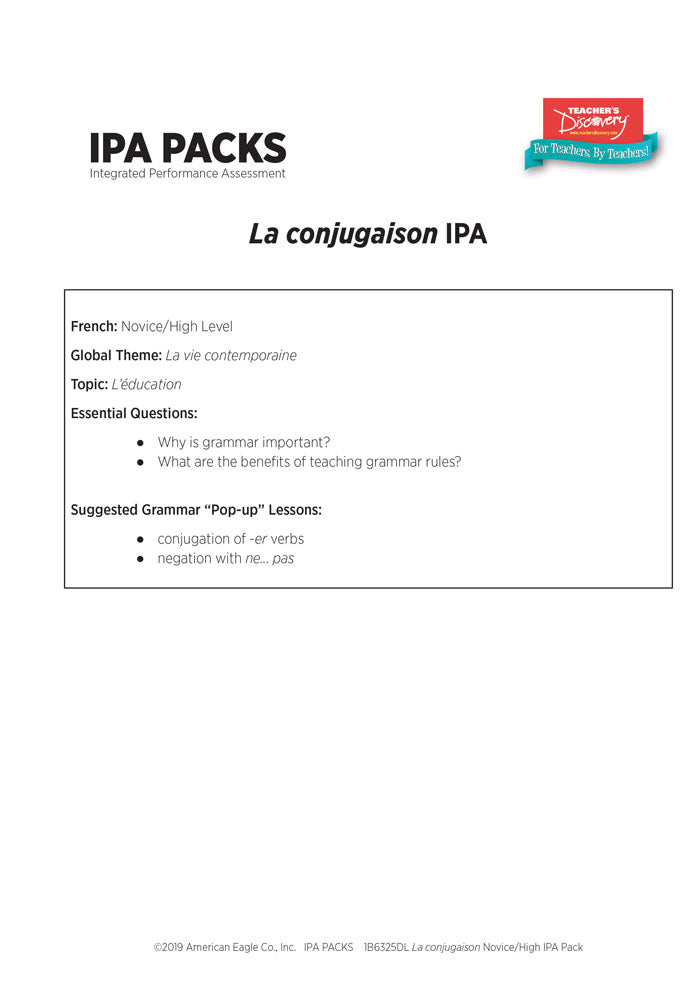 La conjugaison Novice/High French IPA Pack - DIGITAL RESOURCE DOWNLOAD