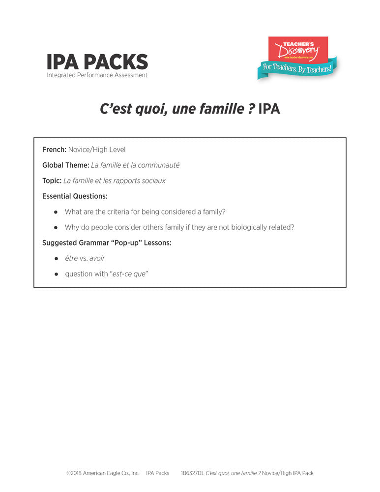 C'est quoi, une famille ? Novice/High French IPA Pack - DIGITAL RESOURCE DOWNLOAD