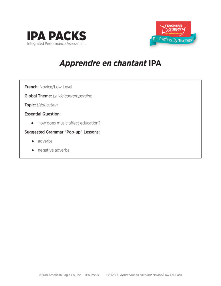 Apprendre en chantant Novice/Low French IPA Pack - DIGITAL RESOURCE DOWNLOAD