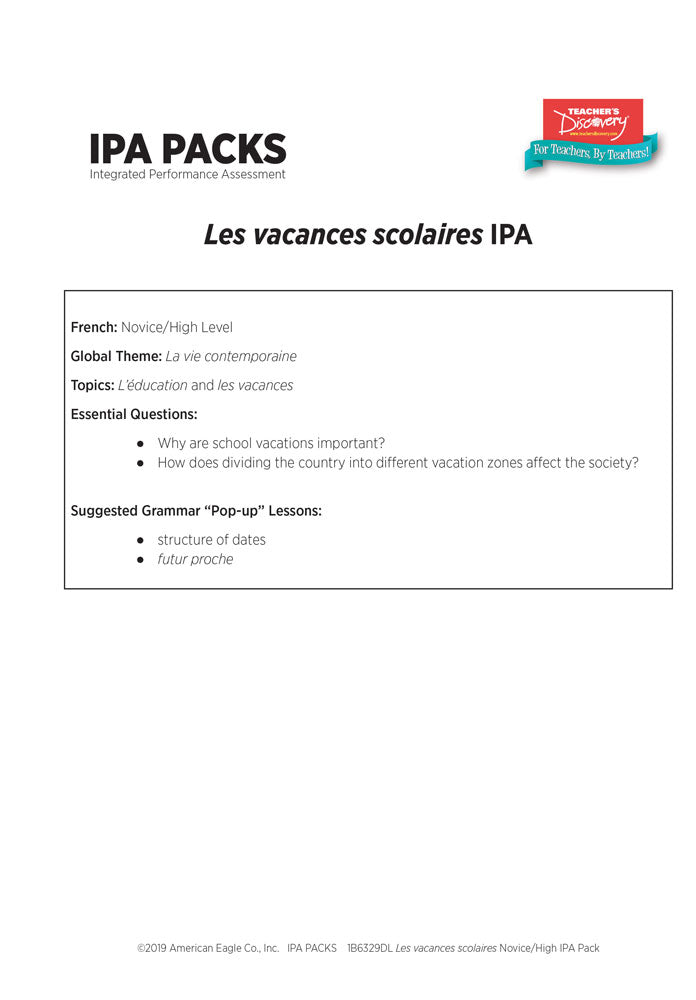 Les vacances scolaires Novice/High French IPA Pack - DIGITAL RESOURCE DOWNLOAD