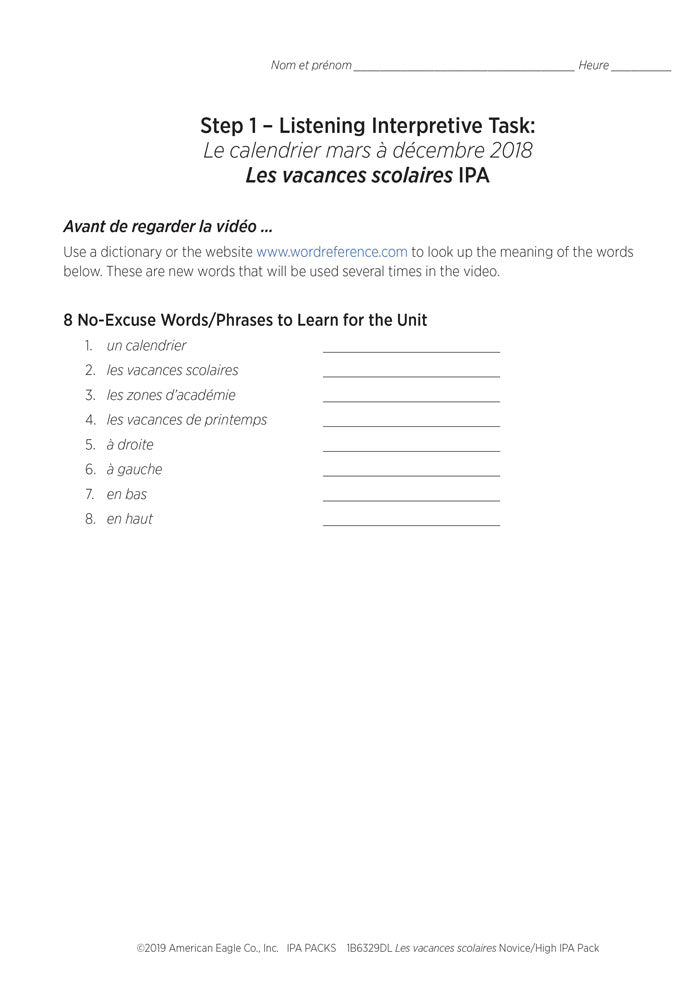 Les vacances scolaires Novice/High French IPA Pack - DIGITAL RESOURCE DOWNLOAD