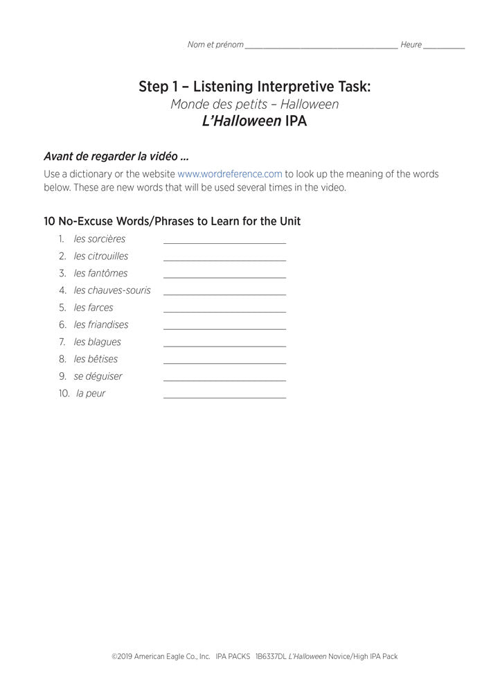 L'Halloween Novice/High French IPA Pack - DIGITAL RESOURCE DOWNLOAD