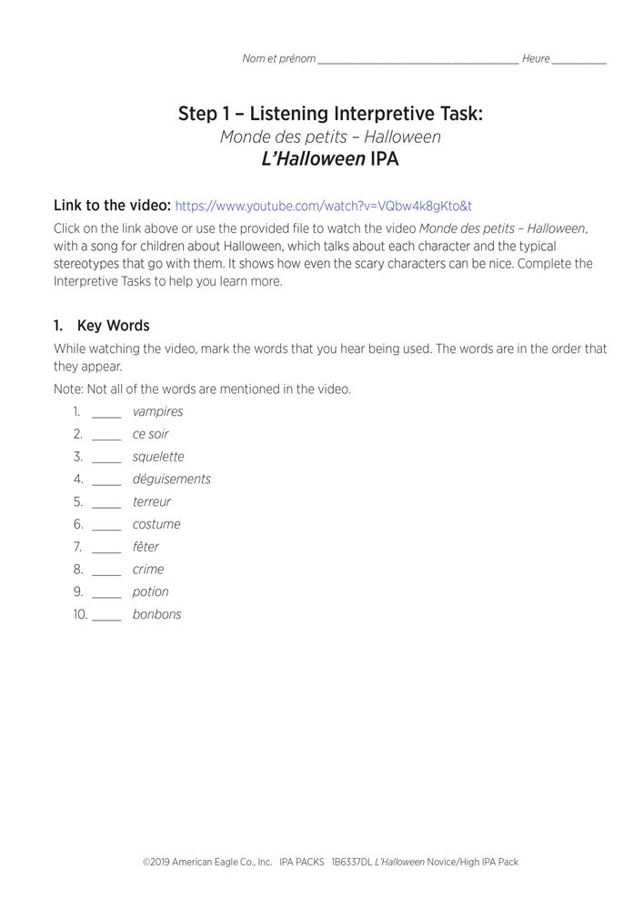 L'Halloween Novice/High French IPA Pack - DIGITAL RESOURCE DOWNLOAD