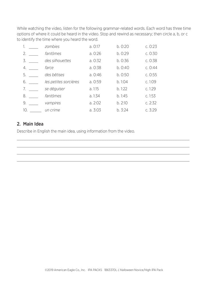 L'Halloween Novice/High French IPA Pack - DIGITAL RESOURCE DOWNLOAD