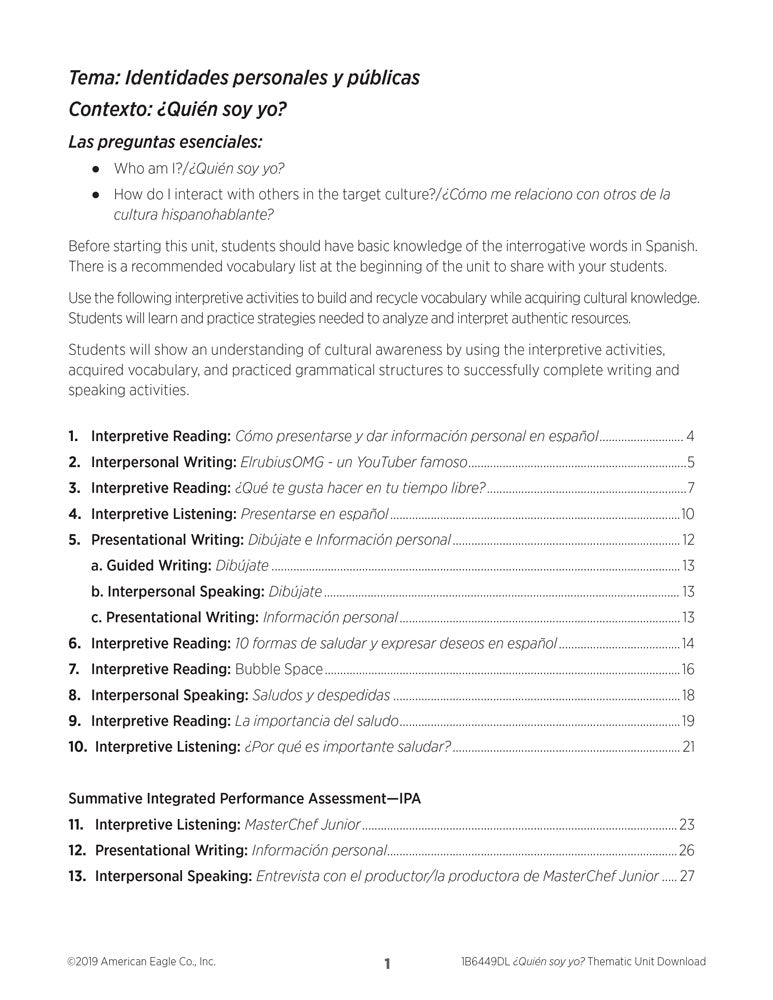 El mundo hispanohablante: ¿Quién soy yo? Spanish Thematic Unit - DIGITAL RESOURCE DOWNLOAD