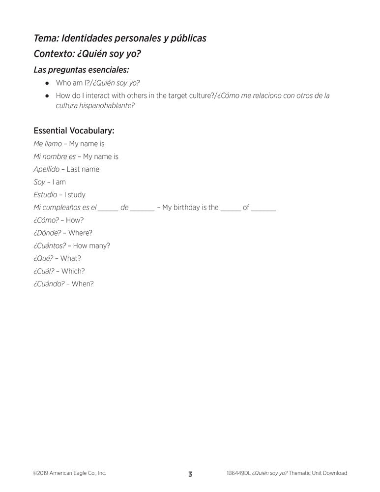 El mundo hispanohablante: ¿Quién soy yo? Spanish Thematic Unit - DIGITAL RESOURCE DOWNLOAD