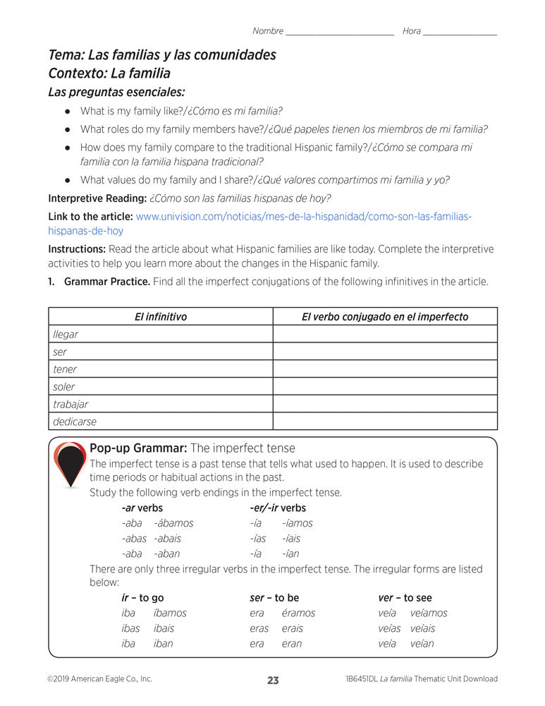 El mundo hispanohablante: La familia Spanish Thematic Unit - DIGITAL RESOURCE DOWNLOAD