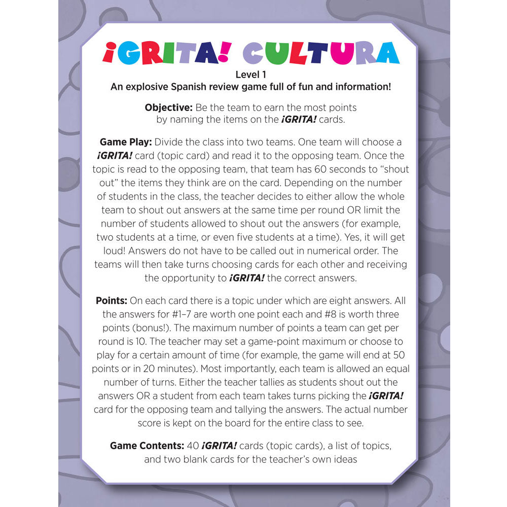 ¡GRITA! Cultura and Vocabulario Spanish Card Games