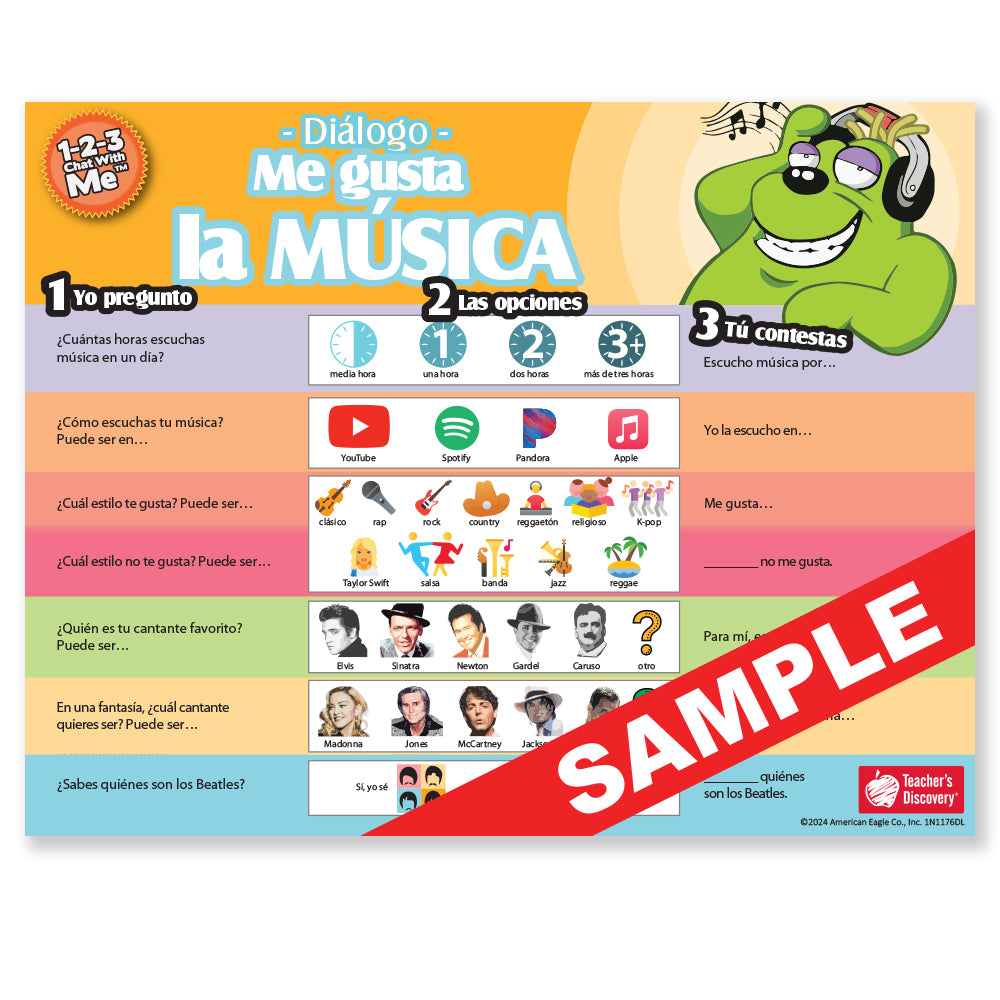 1-2-3 Chat With Me: Me gusta la música Spanish Chat Mats