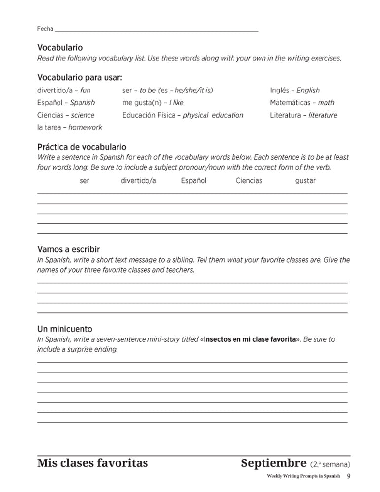 Weekly Writing Prompts for Spanish Level 1 Book