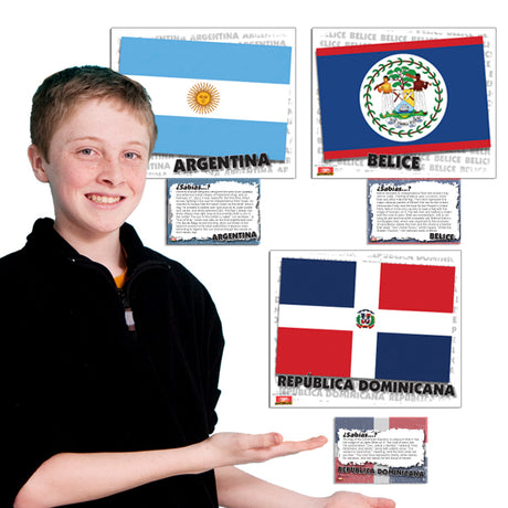 Flags of Spanish-Speaking Countries - Mini-Posters with Info Cards - Set of 24