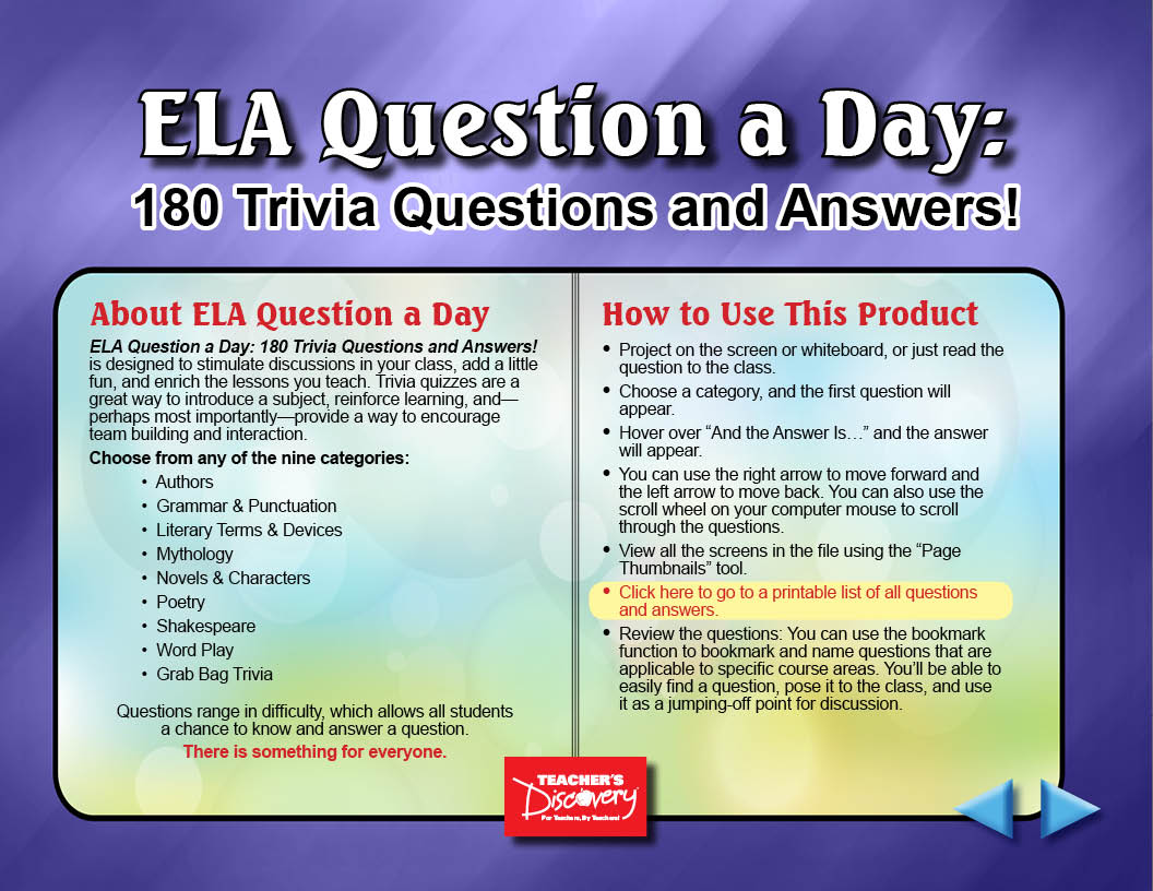 ELA Question a Day: 180 Trivia Questions and  Answers!