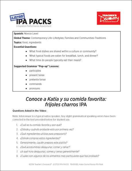 Katia Cocina Novice-Mid Spanish IPA Pack - DIGITAL RESOURCE DOWNLOAD