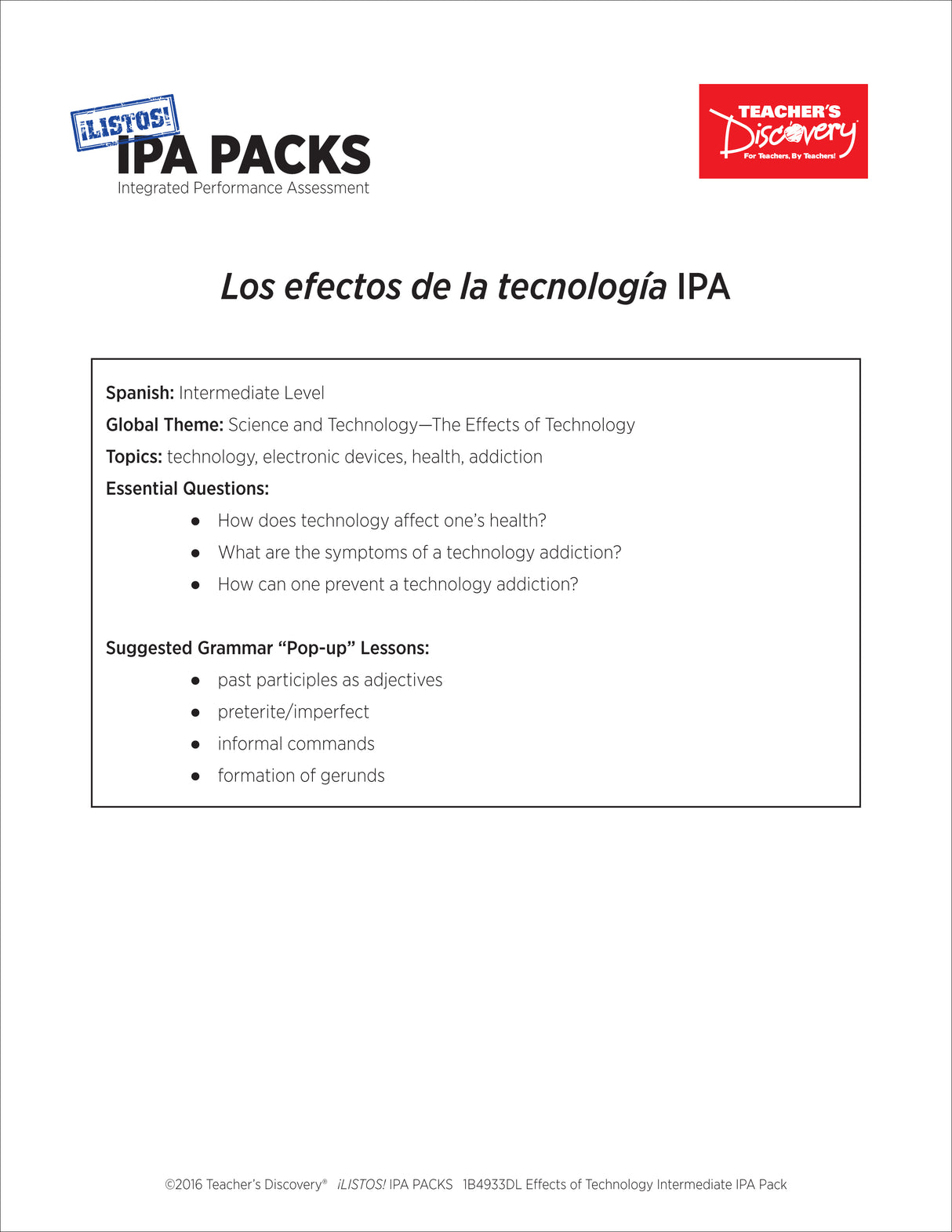 Effects of Technology Intermediate-Low Spanish IPA Pack - DIGITAL RESOURCE DOWNLOAD