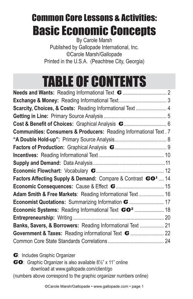 Common Core Lessons & Activities: Basic Economic Concepts Book