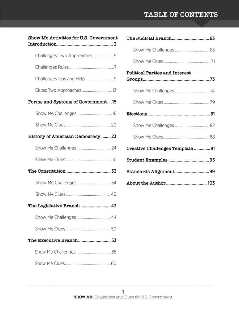 Show Me Challenges and Clues for U.S. Government Book