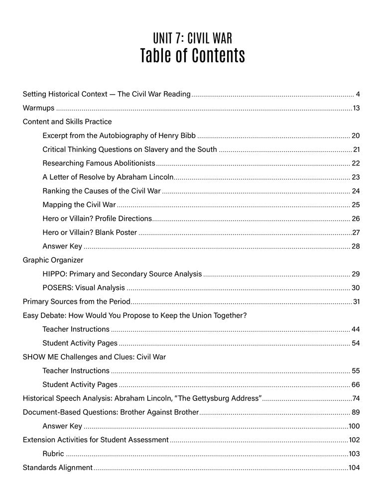 U.S. History Thematic Unit: Civil War Download