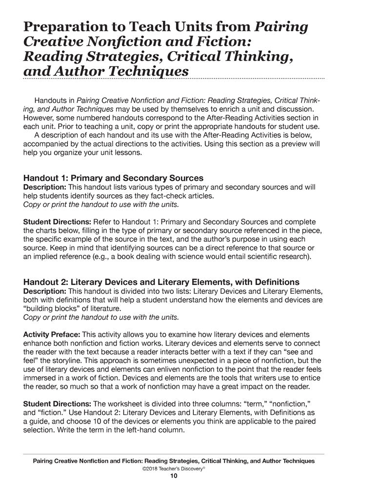 Pairing Creative Nonfiction and Fiction: Reading Strategies, Critical Thinking, and Author Techniques Book