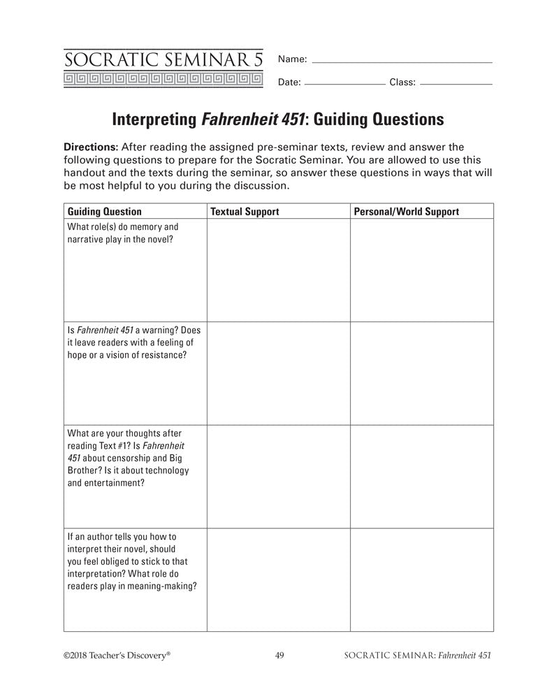 Socratic Seminar: Fahrenheit 451 Book