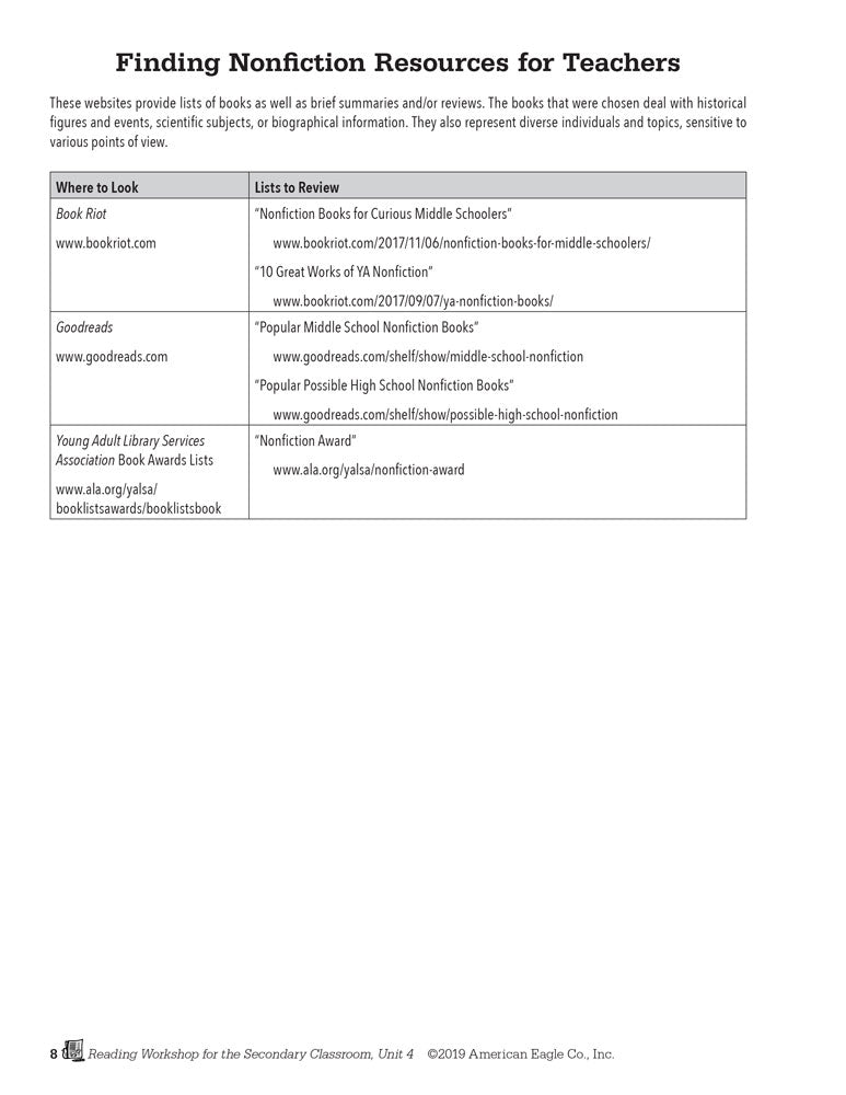 Reading Workshop for the Secondary Classroom Unit 4: Nonfiction Download