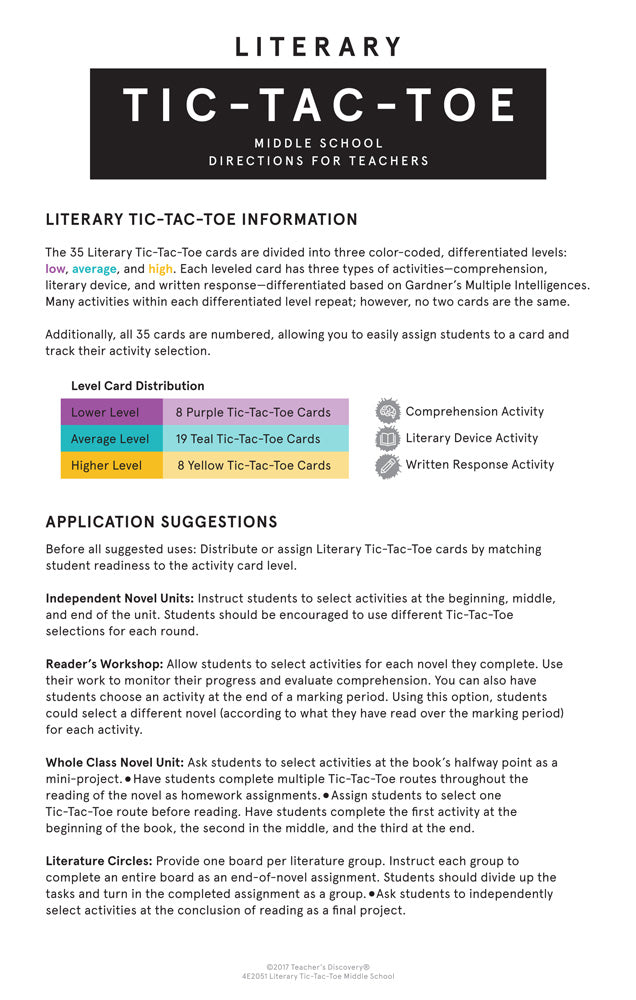 Literary Tic-Tac-Toe: Differentiated Activities Card Set for Middle School