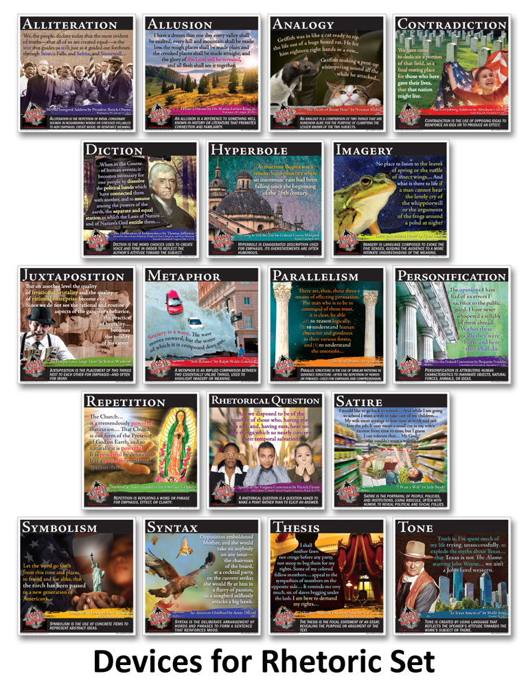 Novel Guide Rhetoric, Literary, and Figurative Language Devices Mini-Poster Set of 54 Posters