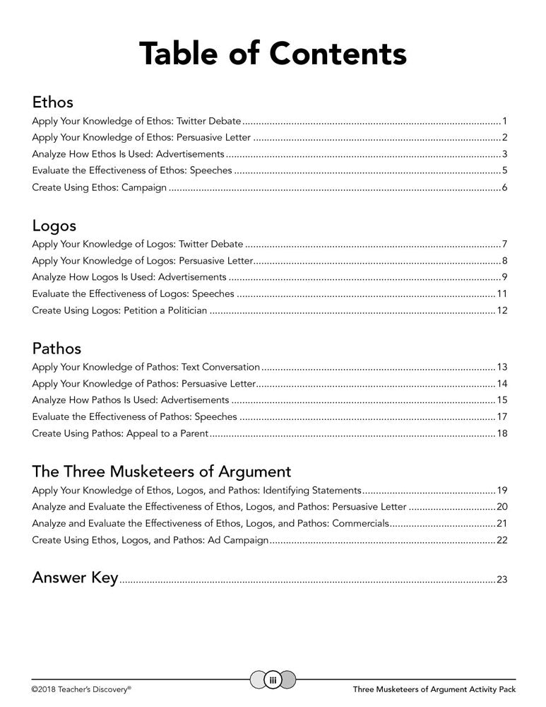 Three Musketeers of Argument Activity Pack