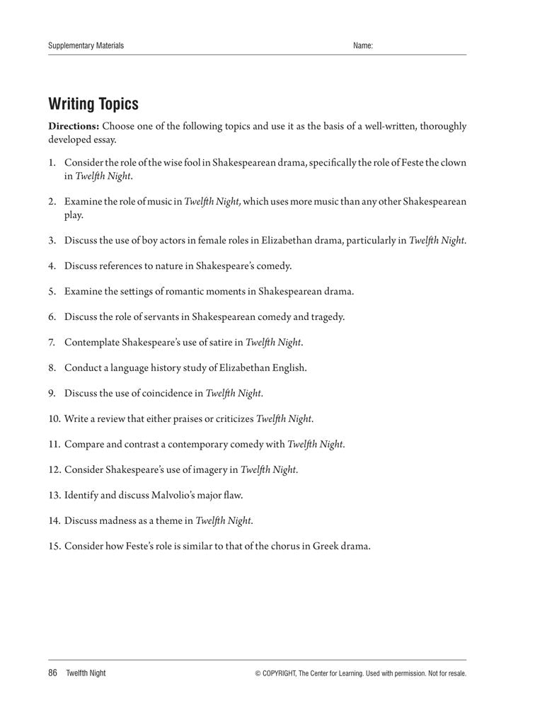 Twelfth Night Curriculum Unit