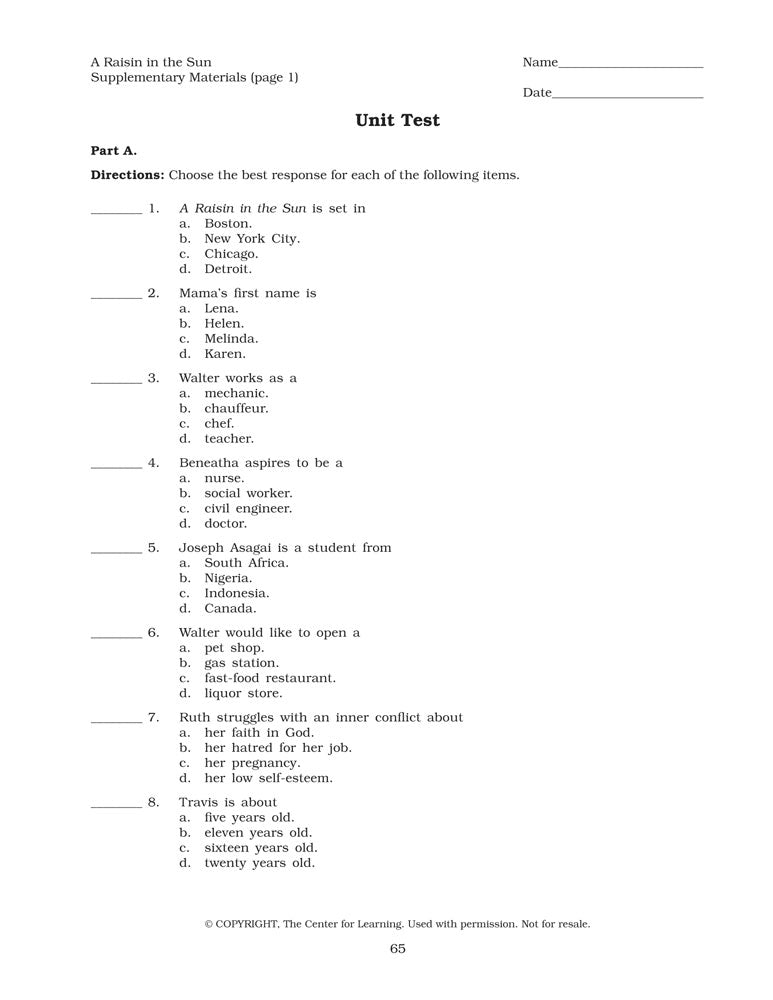 A Raisin in the Sun Curriculum Unit