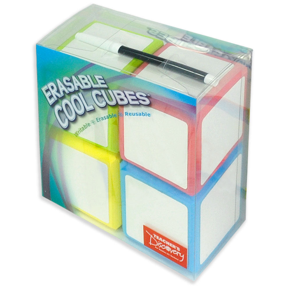 Set of four erasable Cool Cubes in red, yellow, blue, and green with wet-erase marker for Spanish classroom language games and activities.