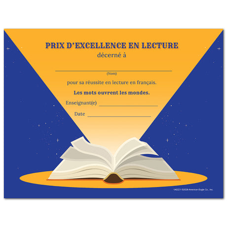 French reading certificate set of 15, recognizing student reading milestones for French world language classroom programs.