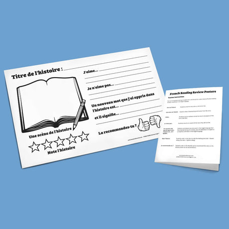 Set of 30 French reading review posters with student prompts for analyzing and sharing stories read during FVR or class reading in the target language