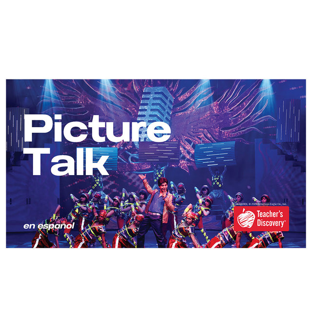 Picture Talk en español Spanish teaching resource with 25 high-interest images and guided discussion prompts for building conversational skills in the target language.