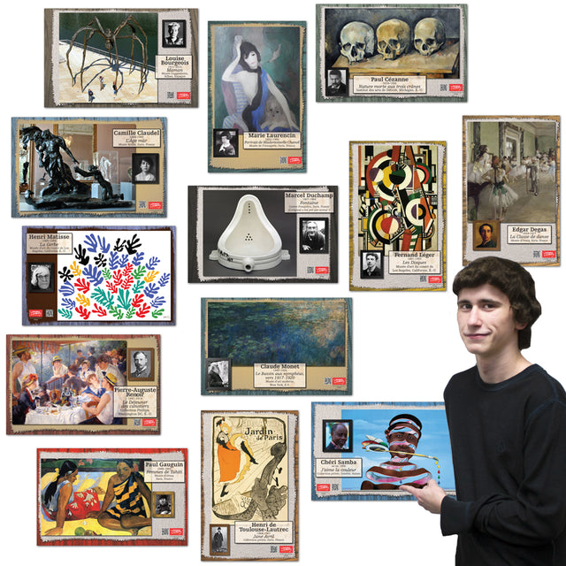 Thirteen cardstock prints, including Monet, Degas, Toulouse-Latrec, Renoir, and more.