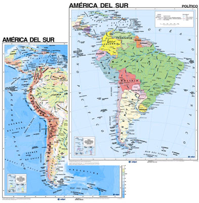 South America map in Spanish showing South American countries, borders, capitals, and major cities labeled in Spanish